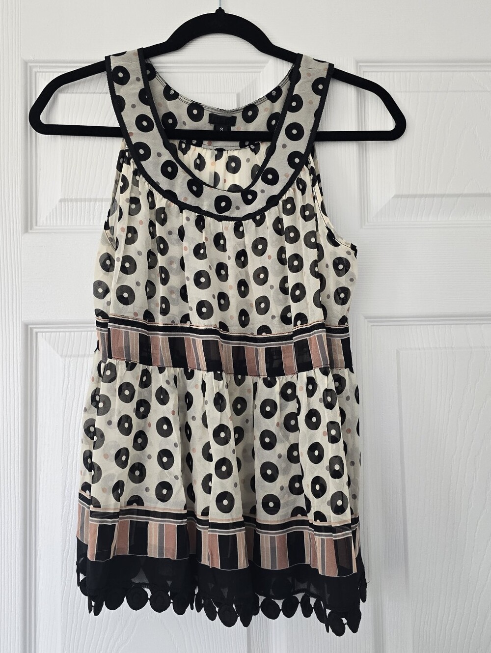 Anna Sui Polka Dot Silk Chiffon Blouse Tank Top Ivory Black Sleeveless Size S